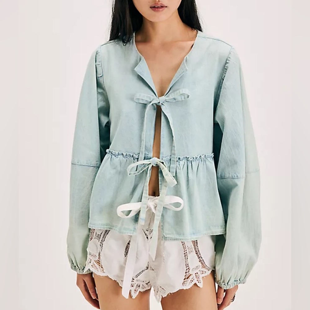 NWT Free People Brunch Babe Denim Blouse size L